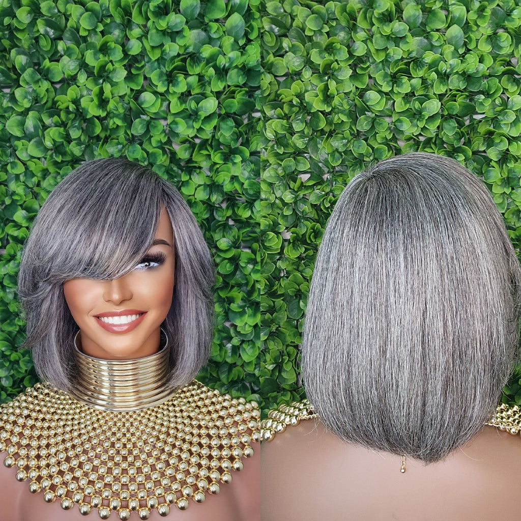 Salt and Pepper Gray Wig 100% Human Hair Remy Bob Hairstyle Wig Voluminous Hair Gray Light Yaki Hair Texture Wig - Beauty Blessings LLC
