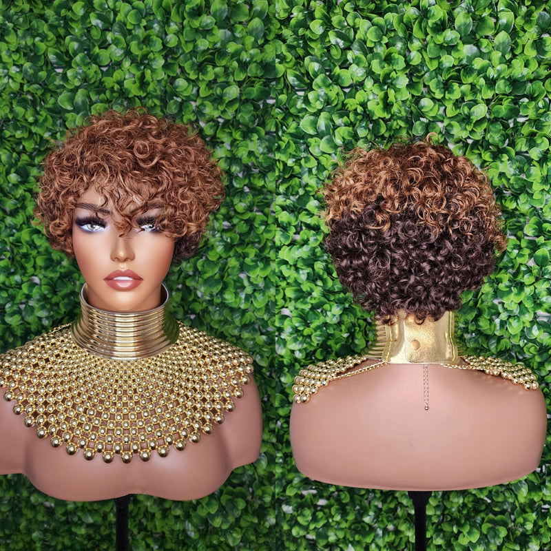 Water Wave Auburn Chocolate Brown Hair Brazilian Remy Human Hair Pixie Cut Curl Hair Wig Soft Short Cut Curly Natural Hairstyle Wig 100% Human Hair Wig - Beauty Blessings LLC
