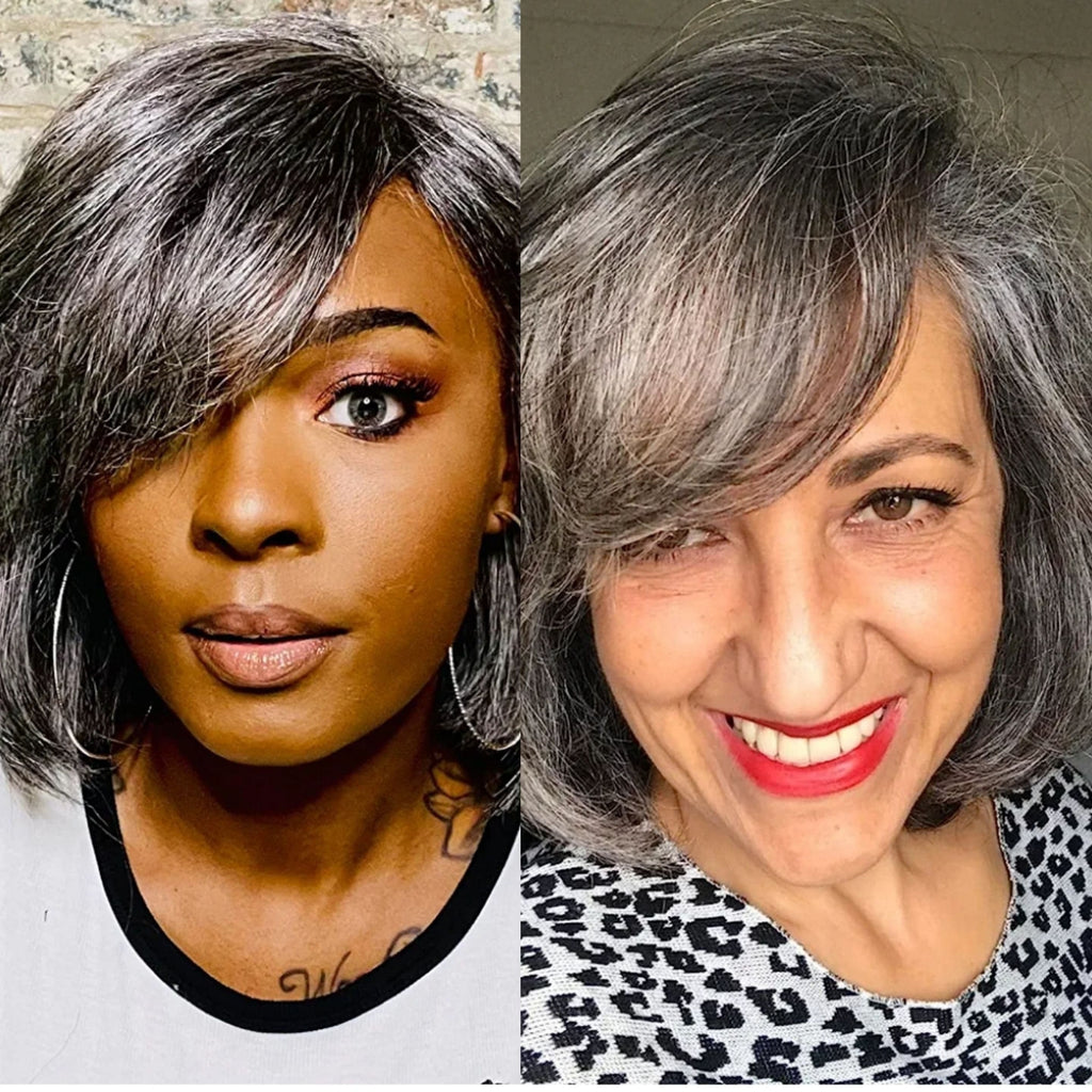 Salt and Pepper Gray Wig 100% Human Hair Remy Bob Hairstyle Wig Voluminous Hair Gray Light Yaki Hair Texture Wig - Beauty Blessings LLC