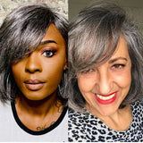 Salt and Pepper Gray Wig 100% Human Hair Remy Bob Hairstyle Wig Voluminous Hair Gray Light Yaki Hair Texture Wig - Beauty Blessings LLC