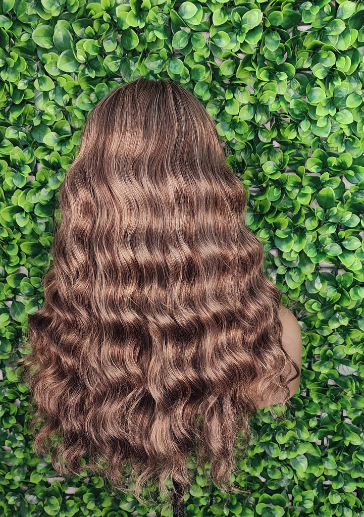Wig Deep Wave Hair Full Wig with Bangs Strawberry Blonde Auburn Brown Mox Straight Bang Hairstyle Glueless Wig - Beauty Blessings LLC