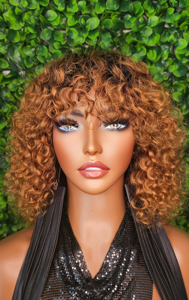 Wig Auburn 100% Human Hair Wig Curly Beach Curl Bob Hairstyle Brazilian Remy Bob Hair Wig Reddish Deep Curly Hair Wig - Beauty Blessings LLC