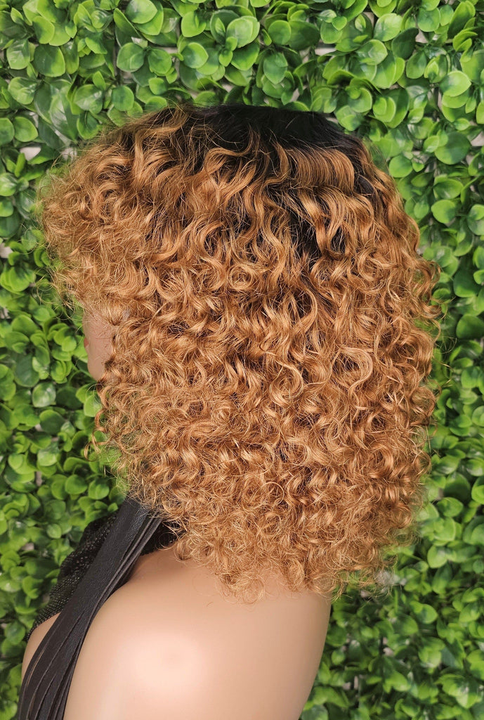 Wig Auburn 100% Human Hair Wig Curly Beach Curl Bob Hairstyle Brazilian Remy Bob Hair Wig Reddish Deep Curly Hair Wig - Beauty Blessings LLC