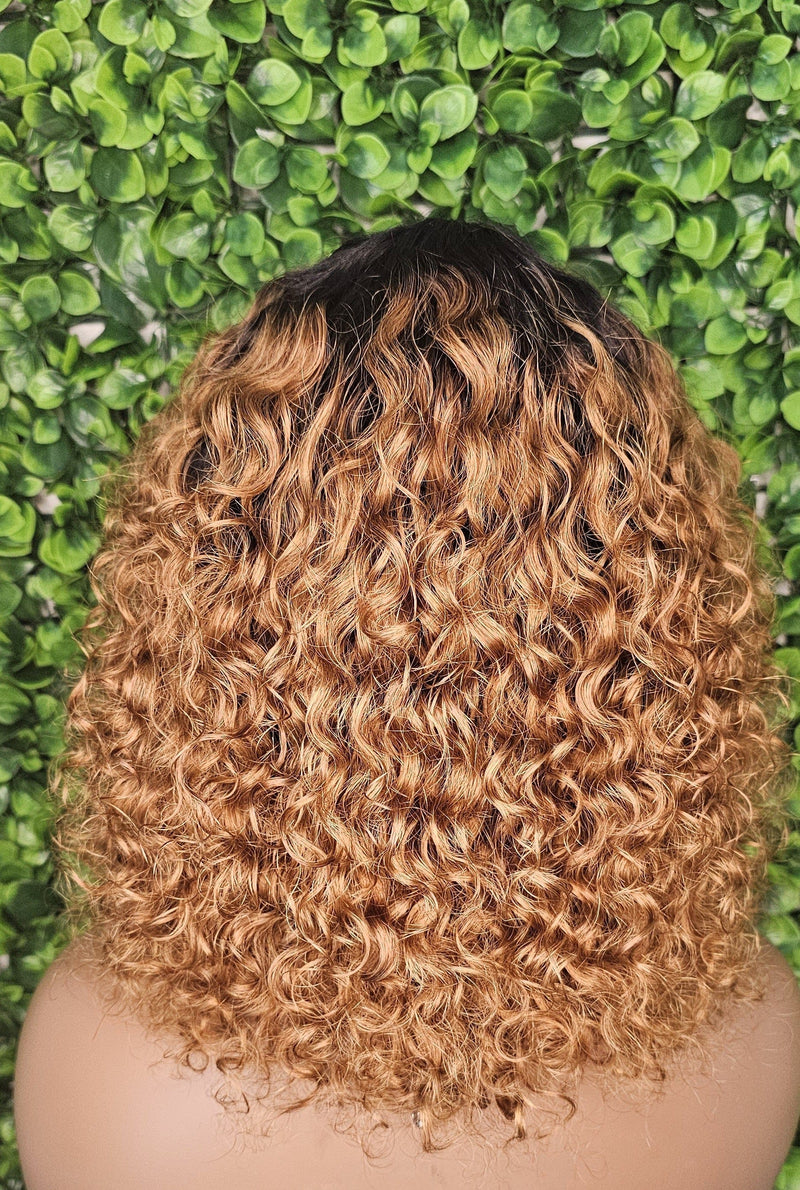 Wig Auburn 100% Human Hair Wig Curly Beach Curl Bob Hairstyle Brazilian Remy Bob Hair Wig Reddish Deep Curly Hair Wig - Beauty Blessings LLC