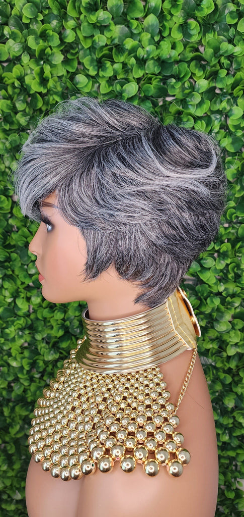 Salt and Pepper Gray Wig With Bangs Pixie Cut Swoop Bang Short Silver Light Gray Wigs For Women - Beauty Blessings LLC