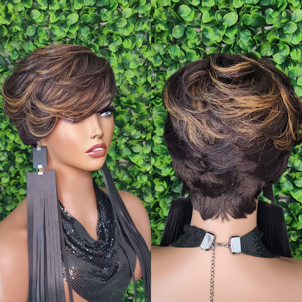 Strawberry Blonde Wig Swoop Bang Pixie Cut Wigs Mixed Blonde Black Short Layered Straight Hair Wig For Women For Daily Wear - Beauty Blessings LLC
