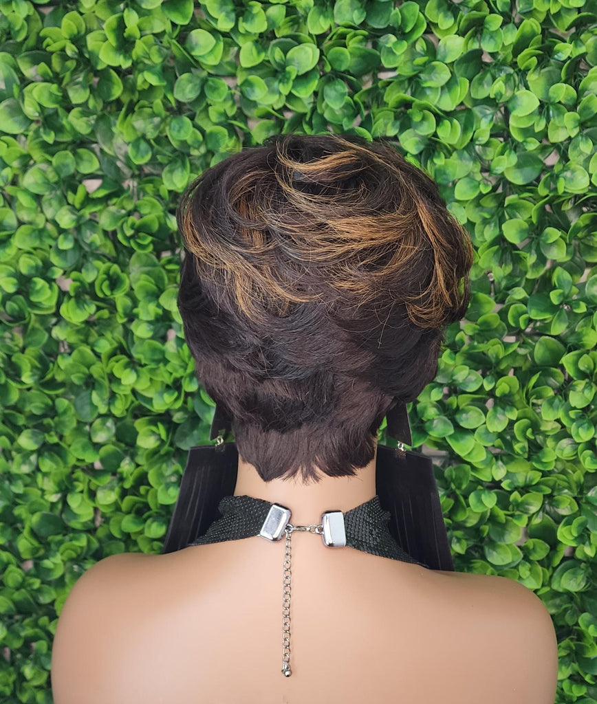 Strawberry Blonde Wig Swoop Bang Pixie Cut Wigs Mixed Blonde Black Short Layered Straight Hair Wig For Women For Daily Wear - Beauty Blessings LLC