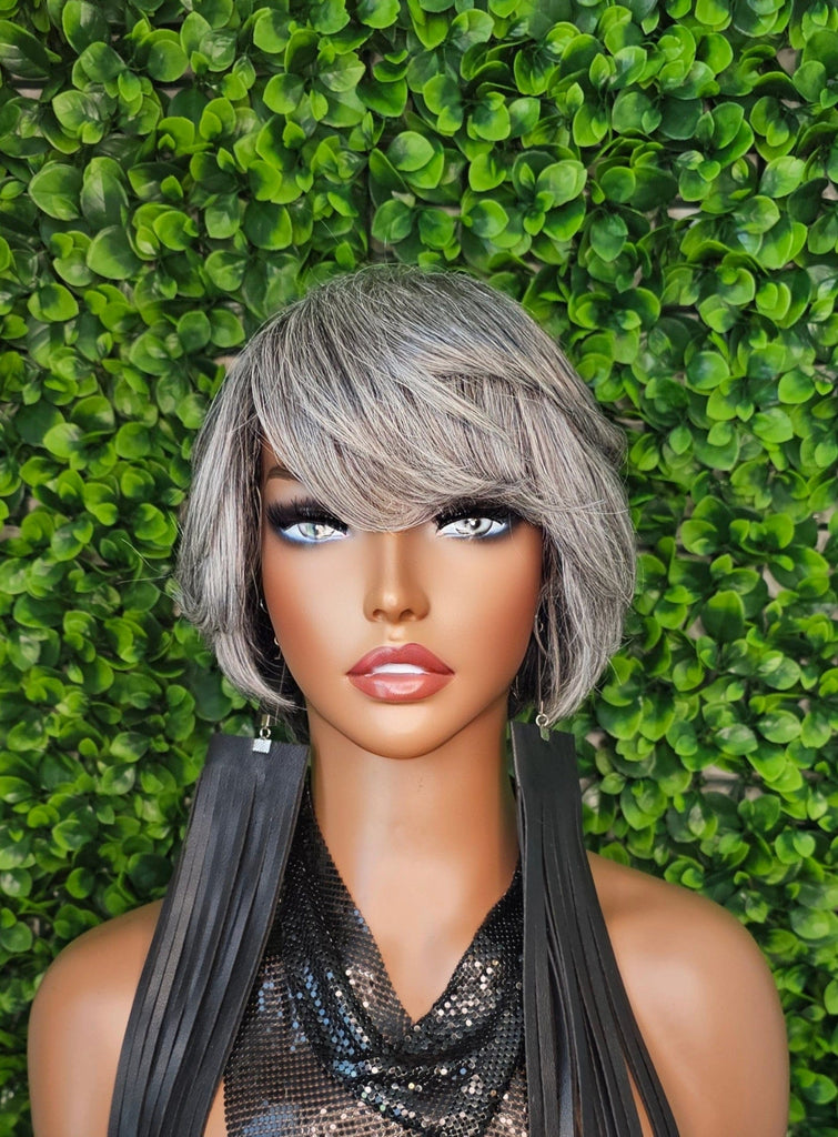 Salt and Pepper Wig Pixie Cut Gray Human Hair Blend Bob Wig Dark Silver Gray Hair Glueless Wig Yaki Hair Texture Wig - Beauty Blessings LLC