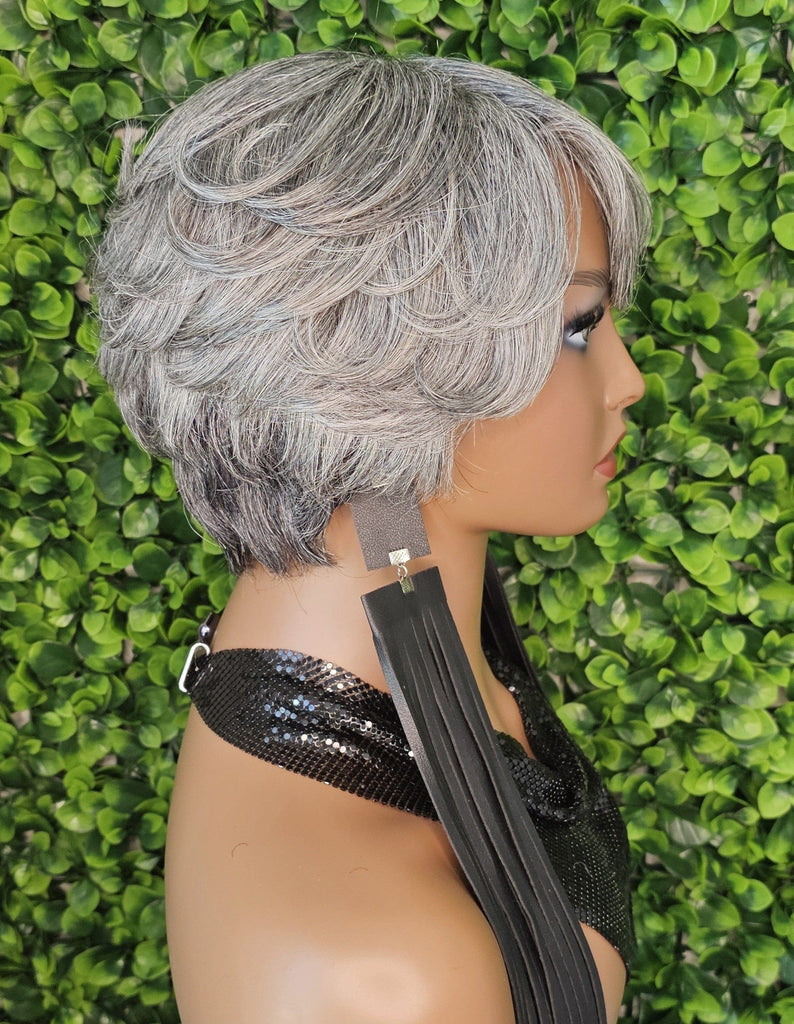 Salt and Pepper Wig Pixie Cut Gray Human Hair Blend Bob Wig Dark Silver Gray Hair Glueless Wig Yaki Hair Texture Wig - Beauty Blessings LLC