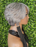 Salt and Pepper Wig Pixie Cut Gray Human Hair Blend Bob Wig Dark Silver Gray Hair Glueless Wig Yaki Hair Texture Wig - Beauty Blessings LLC