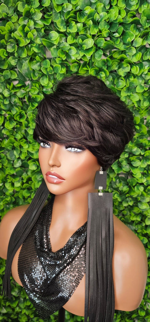 Soft Curly 100% Human Hair Pixie Cut Layered Swoop Bang Style Glueless Short Hair Wig Brazilian Remy Human Hair Cut Wig - Beauty Blessings LLC
