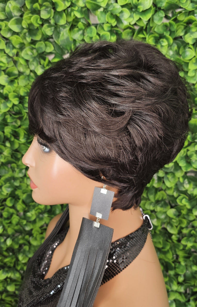 Soft Curly 100% Human Hair Pixie Cut Layered Swoop Bang Style Glueless Short Hair Wig Brazilian Remy Human Hair Cut Wig - Beauty Blessings LLC