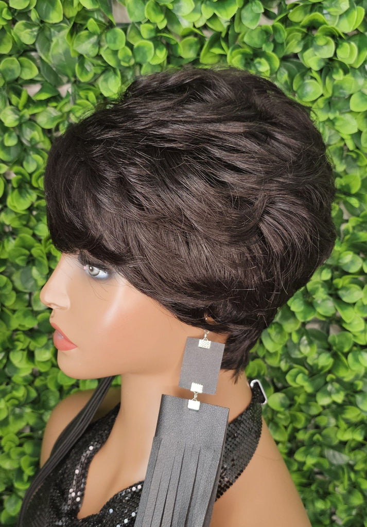 Soft Curly 100% Human Hair Pixie Cut Layered Swoop Bang Style Glueless Short Hair Wig Brazilian Remy Human Hair Cut Wig - Beauty Blessings LLC