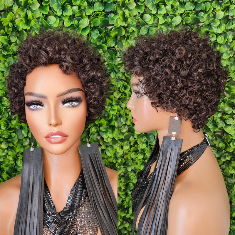 Dark Brown Deep Curl Pixie Cut Brazilian Remy 100% Human Hair Glueless Wig Natural Lightweight Bouncy Short Curly Wig - Beauty Blessings LLC