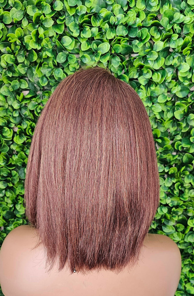 Chocolate Brown Bob Lace Front Wig Yaki Hair Swoop Bang Glueless Lace Wig - Beauty Blessings LLC