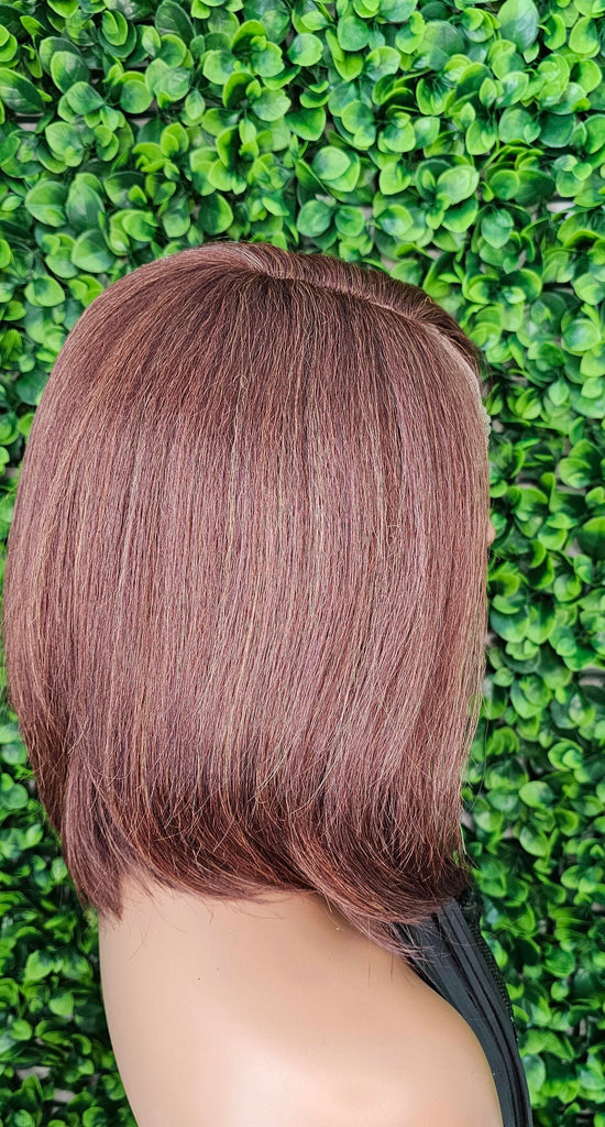 Chocolate Brown Bob Lace Front Wig Yaki Hair Swoop Bang Glueless Lace Wig - Beauty Blessings LLC