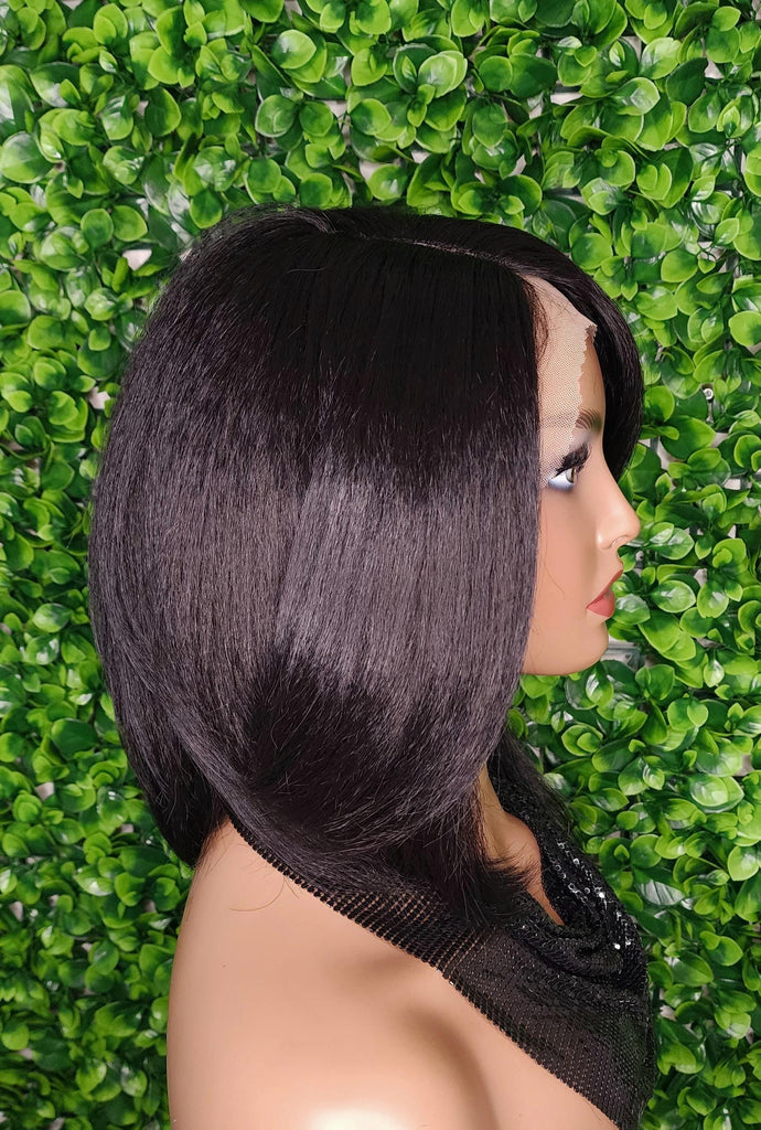 Swoop Bang Bob Wig with Bangs Glueless Lace Front Wig Voluminous Hair Yaki Hair Texture Short Bob Straight Wig - Beauty Blessings LLC