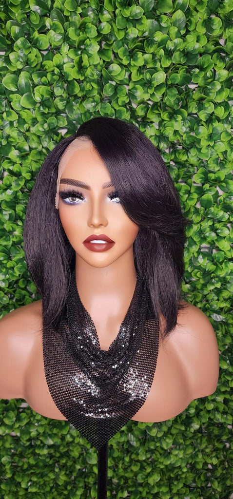Swoop Bang Bob Wig with Bangs Glueless Lace Front Wig Voluminous Hair Yaki Hair Texture Short Bob Straight Wig - Beauty Blessings LLC
