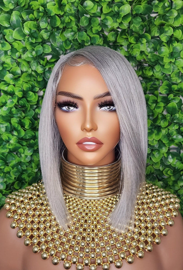 Salt and Pepper Wig Glueless Lace Front Light Gray Dark Gray Bob Wig Straight Side Bang Wig Short Gray Bob Hairstyle Lace Wig - Beauty Blessings LLC
