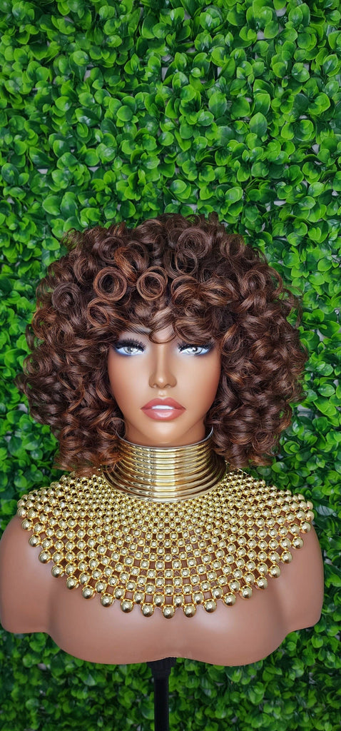Bob Curl Wig Big Layered Curly Brown Auburn Hair Wig Bouncy Curl Full Fashion Wig with Bangs High Quality Hair - Beauty Blessings LLC