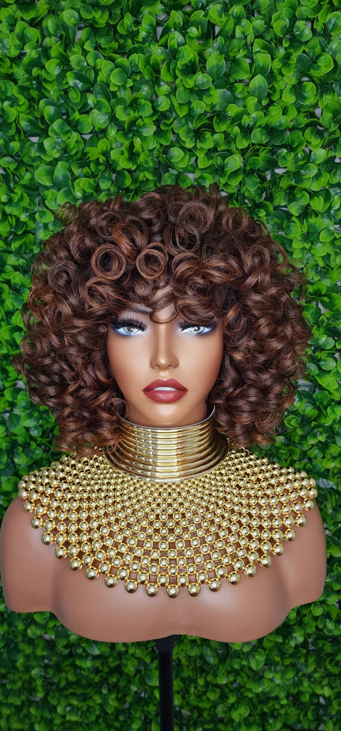 Bob Curl Wig Big Layered Curly Brown Auburn Hair Wig Bouncy Curl Full Fashion Wig with Bangs High Quality Hair - Beauty Blessings LLC