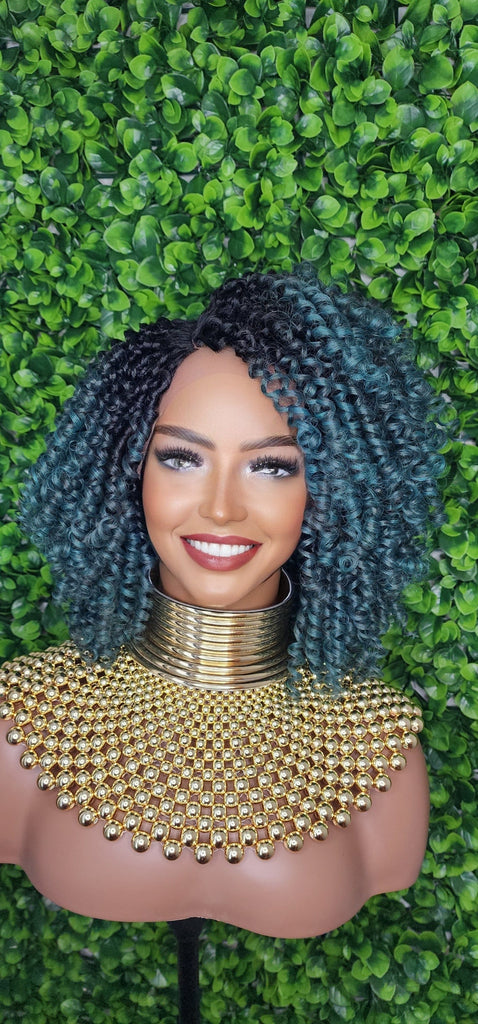 Green Hair Wig Kinky Twist Hair Side Part Lace Front Lace Part Wig Natural Hairline Kinky Curly Hairstyle Wig - Beauty Blessings LLC