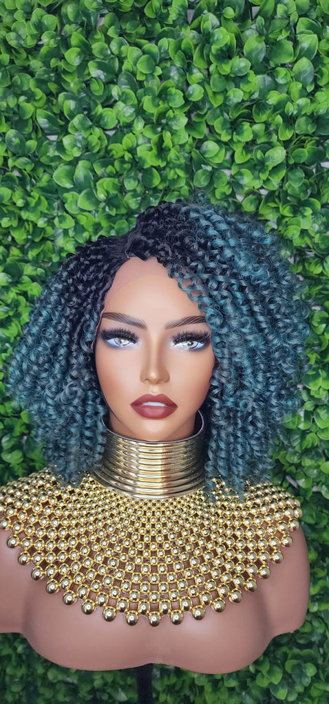 Green Hair Wig Kinky Twist Hair Side Part Lace Front Lace Part Wig Natural Hairline Kinky Curly Hairstyle Wig - Beauty Blessings LLC