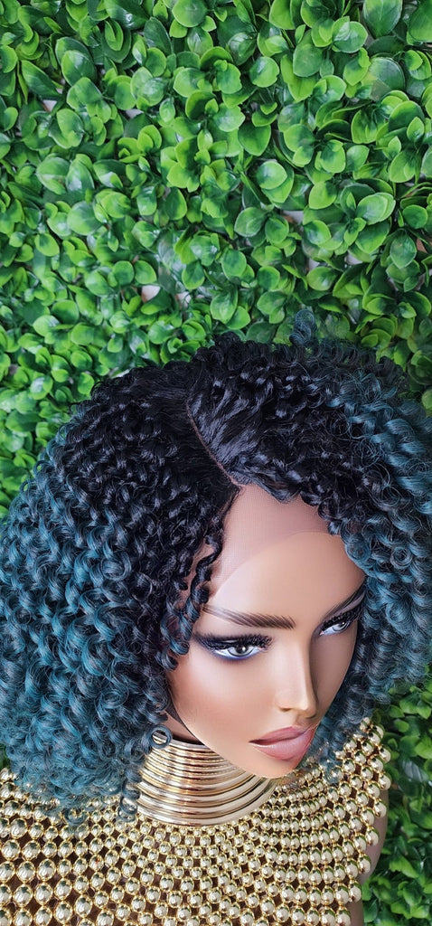 Green Hair Wig Kinky Twist Hair Side Part Lace Front Lace Part Wig Natural Hairline Kinky Curly Hairstyle Wig - Beauty Blessings LLC