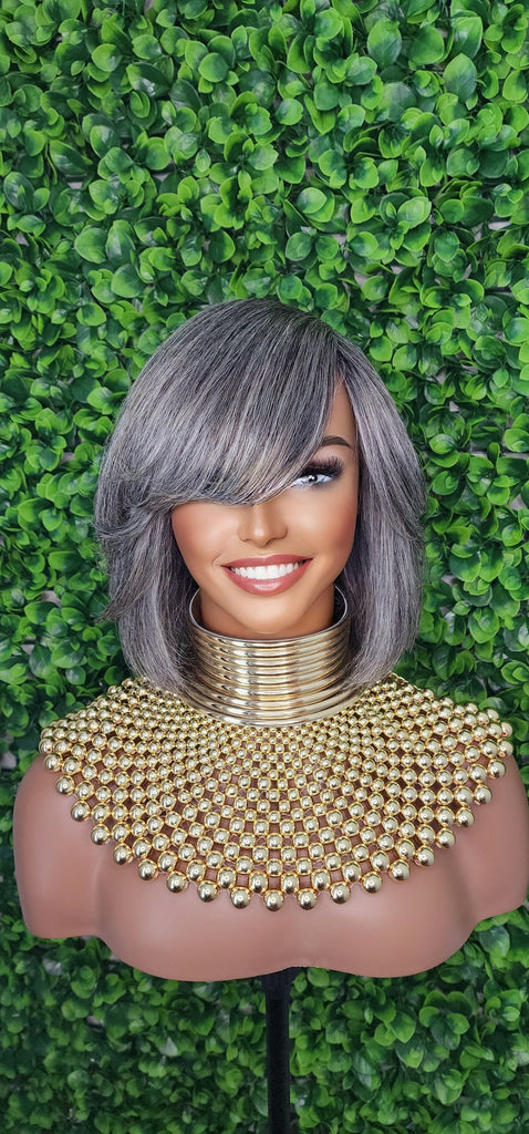 Salt and Pepper Gray Wig 100% Human Hair Remy Bob Hairstyle Wig Voluminous Hair Gray Light Yaki Hair Texture Wig - Beauty Blessings LLC