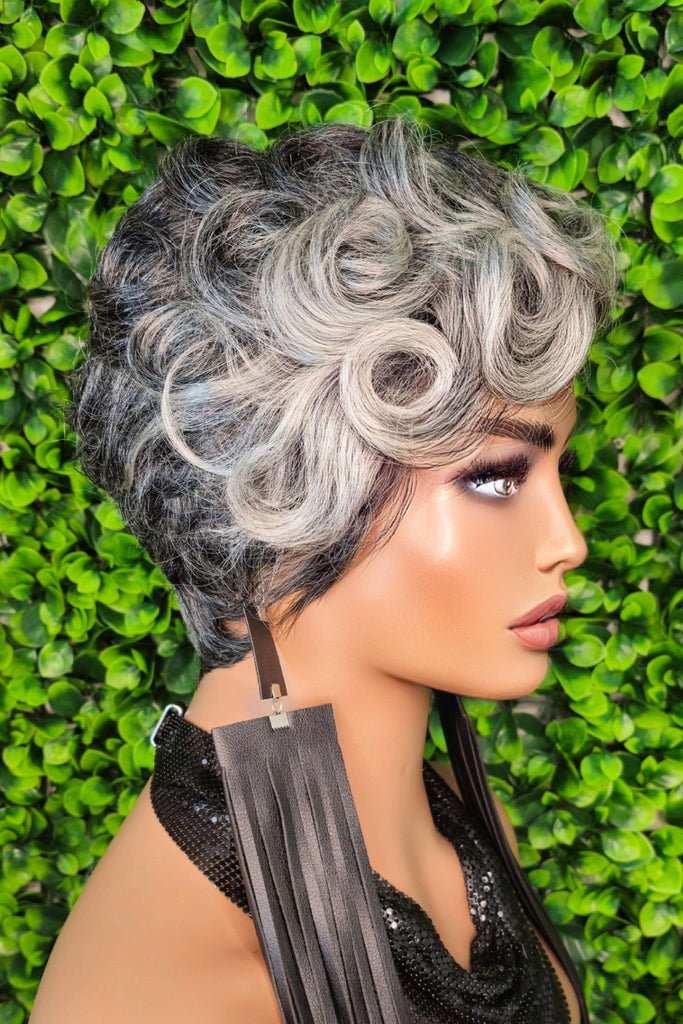 Salt and Pepper Wig Pixie Cut Gray 100%Human Hair Wig Dark Silver Gray Mix Pin Curl Hair Sassy Cut Glueless Wig Yaki Hair Texture Wig - Beauty Blessings LLC