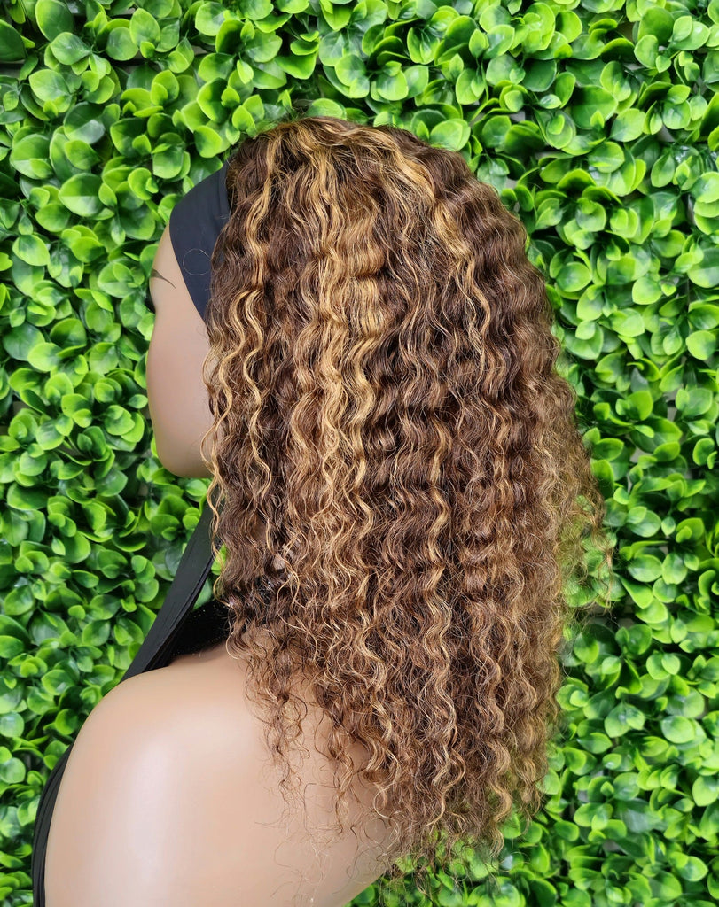 Ombre Deep Wave Headband Wig Human Hair #4/27 | Strawberry Blonde Highlight Wig | Glueless Brazilian Virgin Hair Wig | 150% Density Machine Made Wig - Beauty Blessings LLC