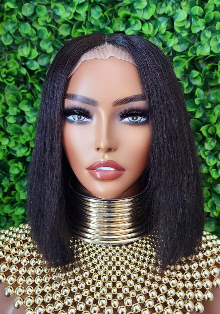 Peruvian Remy Italian Yaki Bob Human Hair Lace Wig Kinky Straight Bob Hair Glueless Lace Front Bob Wig Natural Hairline Lace Wig - Beauty Blessings LLC