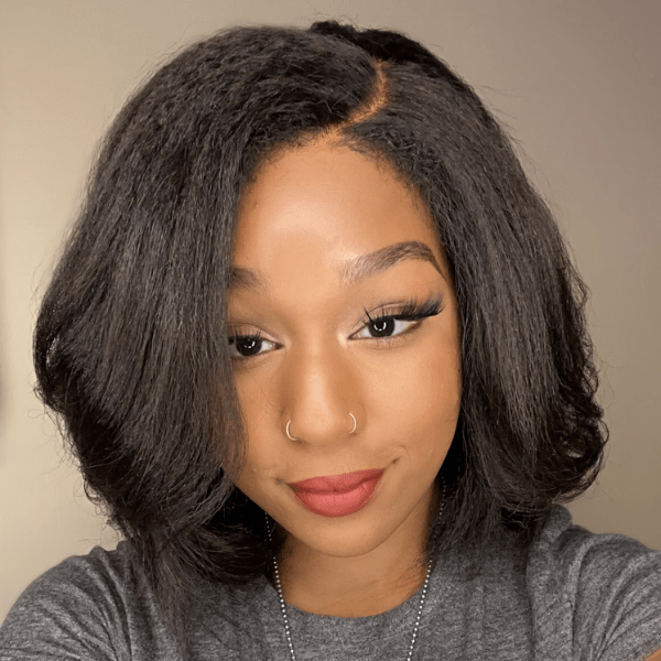 Peruvian Remy Italian Yaki Bob Human Hair Lace Wig Kinky Straight Bob Hair Glueless Lace Front Bob Wig Natural Hairline Lace Wig - Beauty Blessings LLC