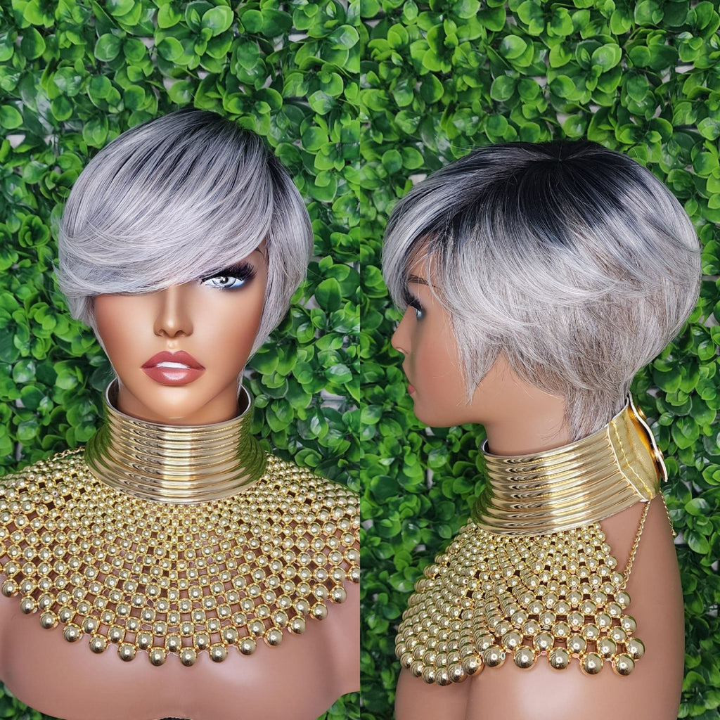 Swoop Bang Pixie Cut Wig Gray Brown Mix Short Style Wig Salt Pepper Gray Hair Wig - Beauty Blessings LLC