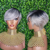 Swoop Bang Pixie Cut Wig Gray Brown Mix Short Style Wig Salt Pepper Gray Hair Wig - Beauty Blessings LLC