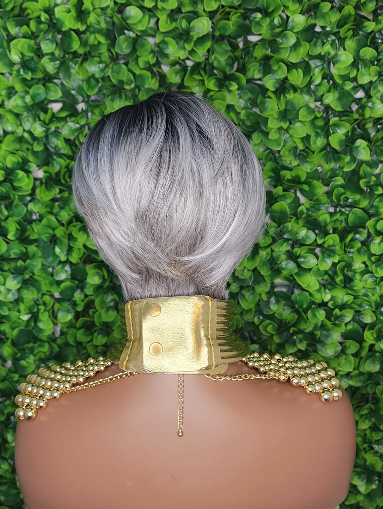 Swoop Bang Pixie Cut Wig Gray Brown Mix Short Style Wig Salt Pepper Gray Hair Wig - Beauty Blessings LLC