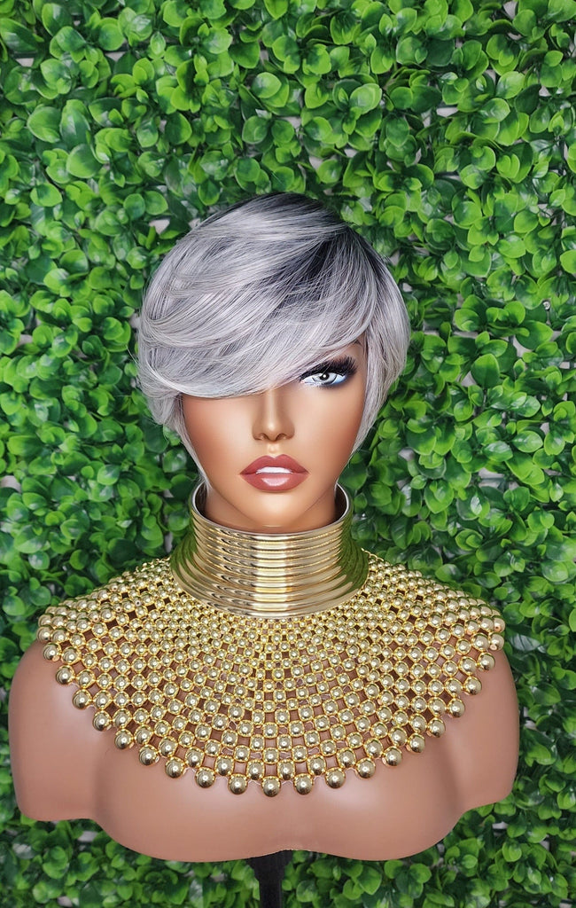 Swoop Bang Pixie Cut Wig Gray Brown Mix Short Style Wig Salt Pepper Gray Hair Wig - Beauty Blessings LLC