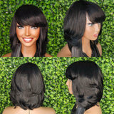 Gray Bob 100% Human Hair Wig Peruvian Remy Short Cut Hair Straight Bob Hairstyle Layered Hair Bob Wig with Bangs Dark Salt Pepper Wig - Beauty Blessings LLC