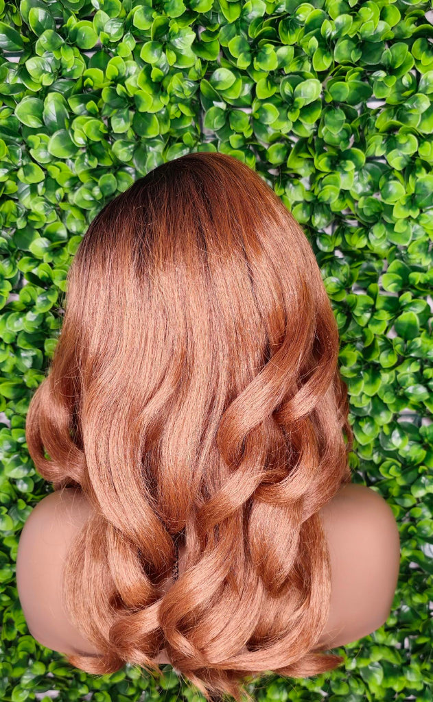 Auburn Reddish Brownish Lace Front Wig Mix Afro Blowout Yaki Texture Side Part Swoop Bang HD Lace Glueless Wig Loose Curl Natural Hair Wig - Beauty Blessings LLC
