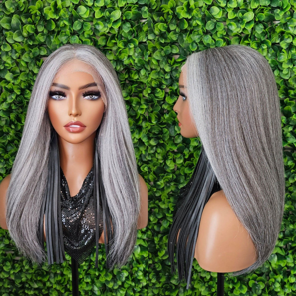 Dark Salt and Pepper Gray Lace Front Wig Yaki Straight Hair Wig Gray Hair White Hair Silver Hair Natural Mix Grey Hair - Beauty Blessings LLC