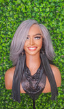 Salt Pepper Gray Lace Front Wig Mix Brown Dark Gray Afro Blowout Yaki Texture Side Part Swoop Bang HD Lace Glueless Wig Loose Curl Hair Wig - Beauty Blessings LLC