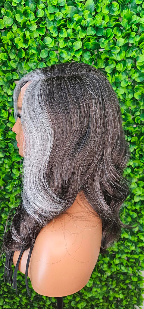 Salt Pepper Gray Lace Front Wig Mix Brown Dark Gray Afro Blowout Yaki Texture Side Part Swoop Bang HD Lace Glueless Wig Loose Curl Hair Wig - Beauty Blessings LLC