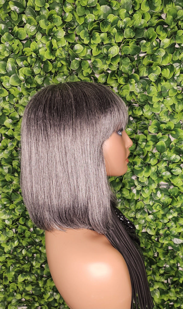Salt Pepper Gray Short Bob Wig Put on and Go Glueless Remy 100% Human Hair Wig Yaki Straight Bob Wig With Bangs Exclusive Discount
