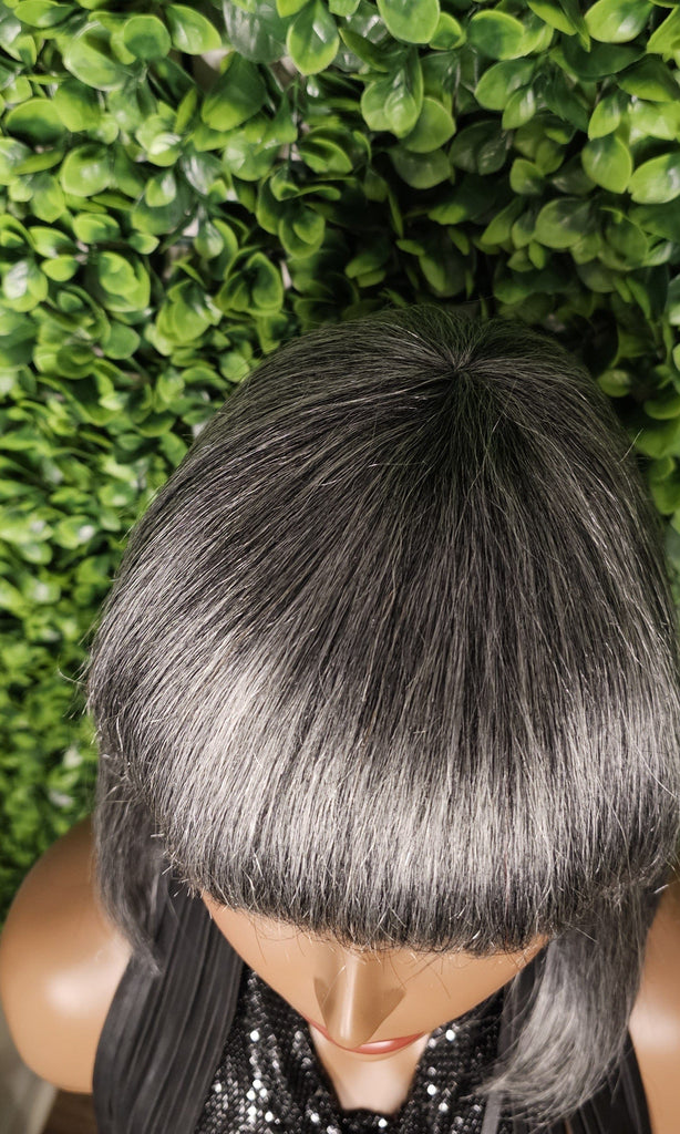 Salt Pepper Gray Short Bob Wig Put on and Go Glueless Remy 100% Human Hair Wig Yaki Straight Bob Wig With Bangs Exclusive Discount