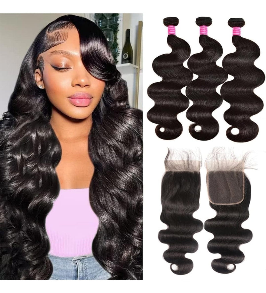 Brazilian Human Hair 3pcs Hair Bundles Body Wave Hair with Closure Human Hair - Beauty Blessings LLC