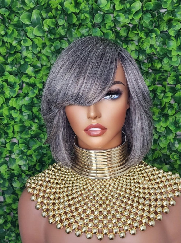 Salt and Pepper Gray Wig 100% Human Hair Remy Bob Hairstyle Wig Voluminous Hair Gray Light Yaki Hair Texture Wig - Beauty Blessings LLC