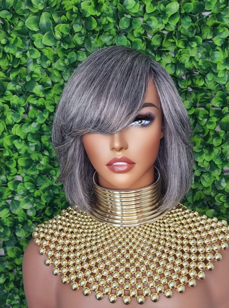 Salt and Pepper Gray Wig 100% Human Hair Remy Bob Hairstyle Wig Voluminous Hair Gray Light Yaki Hair Texture Wig - Beauty Blessings LLC