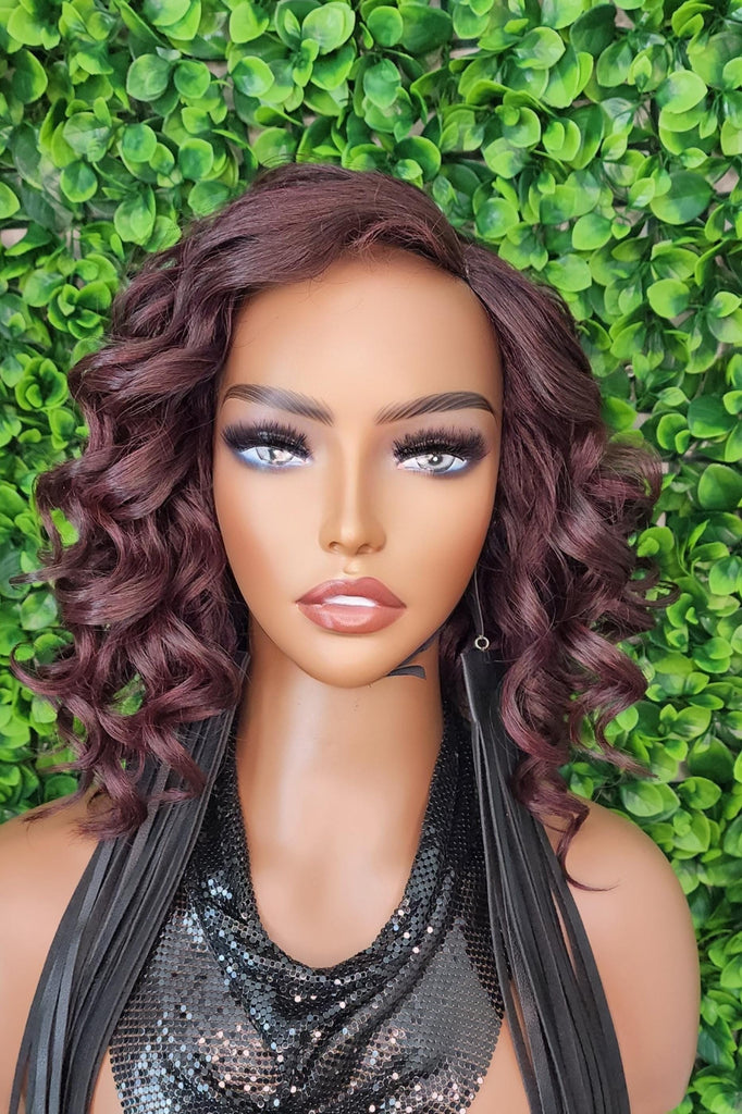 99J Burgundy Lace Front Wig Curly Bob Hairstyle Loose Curl Preplucked Glueless Lace Wig Swoop Bang Dark Plum Wine Hair Wig - Beauty Blessings LLC