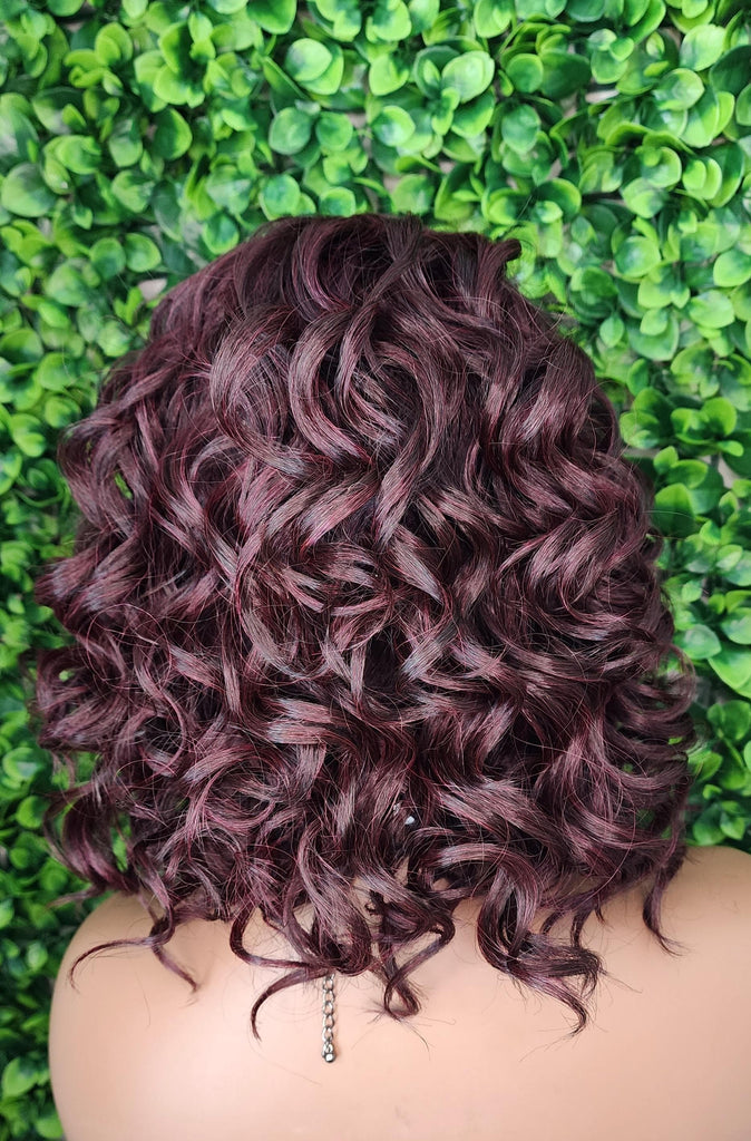 99J Burgundy Lace Front Wig Curly Bob Hairstyle Loose Curl Preplucked Glueless Lace Wig Swoop Bang Dark Plum Wine Hair Wig - Beauty Blessings LLC