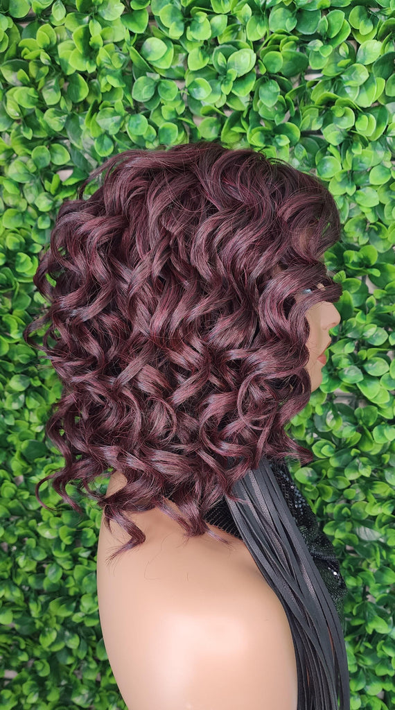 99J Burgundy Lace Front Wig Curly Bob Hairstyle Loose Curl Preplucked Glueless Lace Wig Swoop Bang Dark Plum Wine Hair Wig - Beauty Blessings LLC
